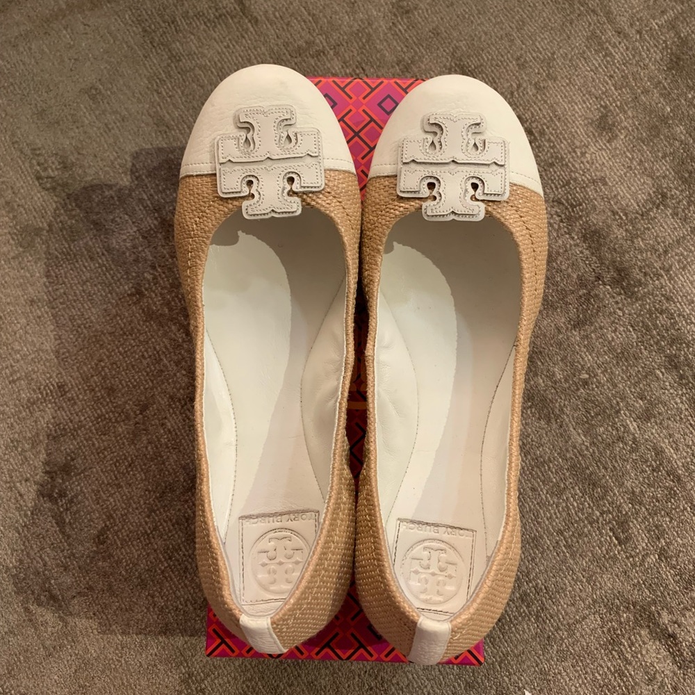Tory Burch Two-Tone Beige and White Minnie Travel Ballet Flats